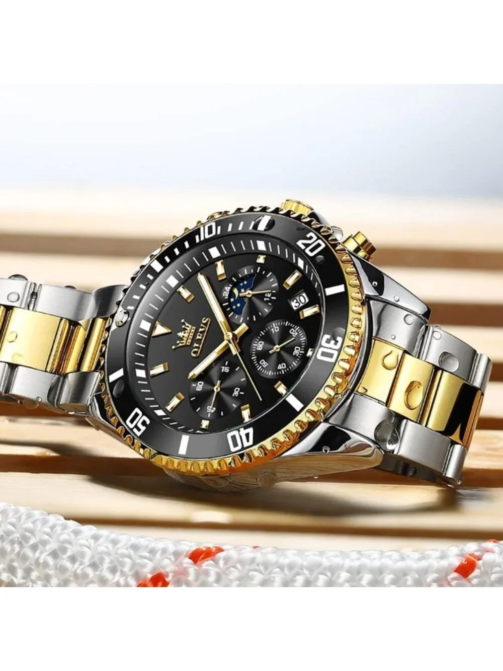 Men's Black Premium Gold and Silver Stainless Analog Rotatable Round Steel Watch